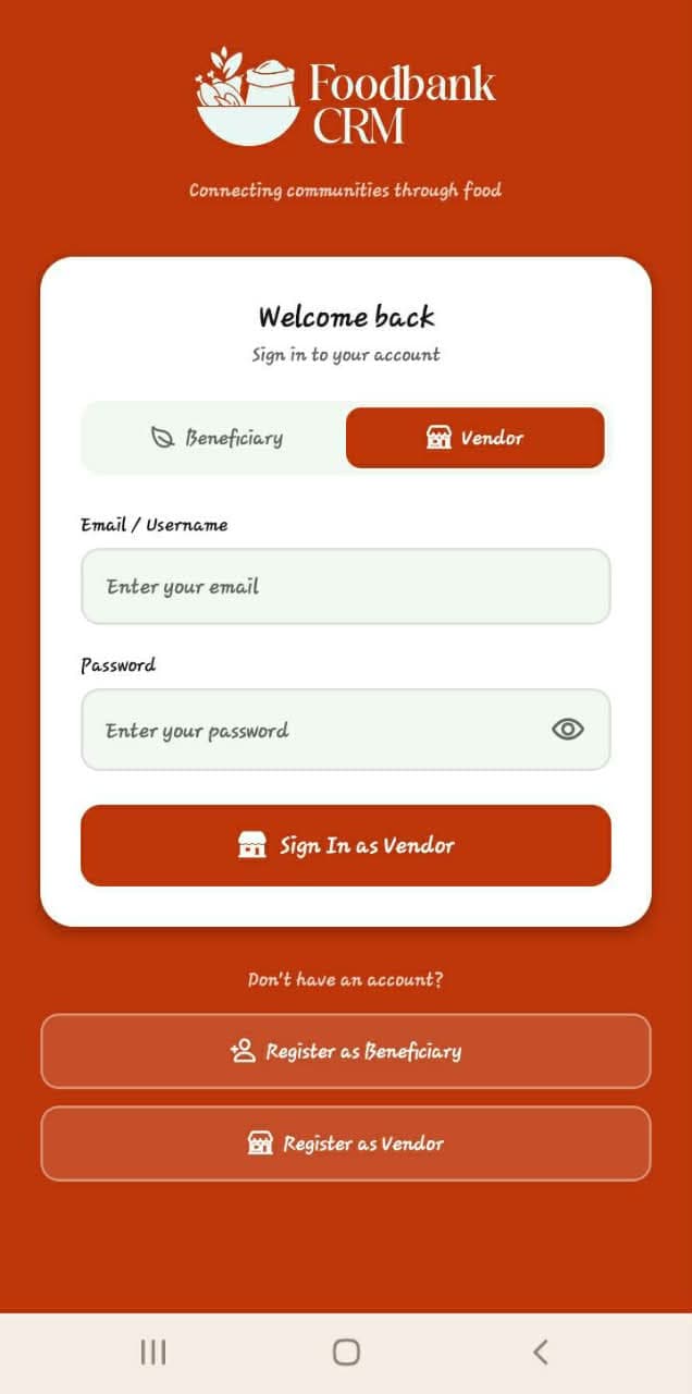 FoodBank CRM mobile vendor sign-in screen with orange branding.