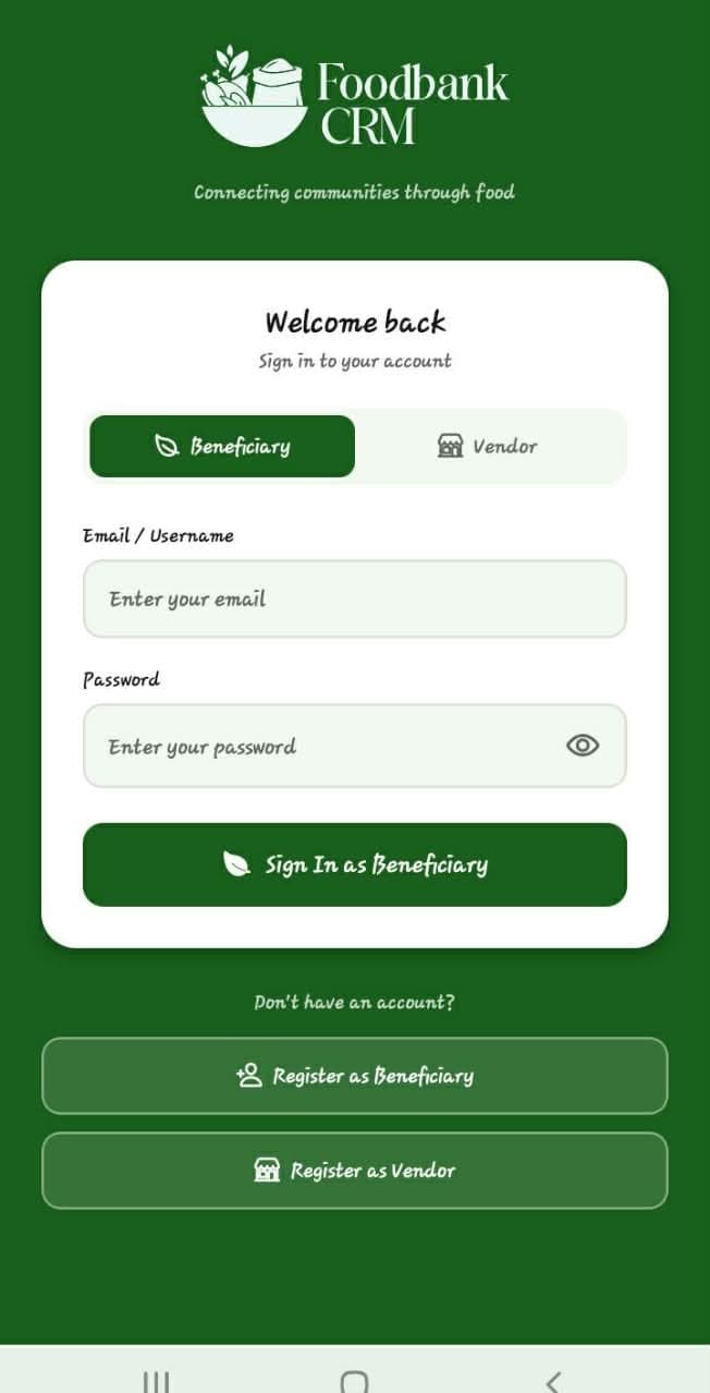 FoodBank CRM mobile member sign-in screen with green branding.