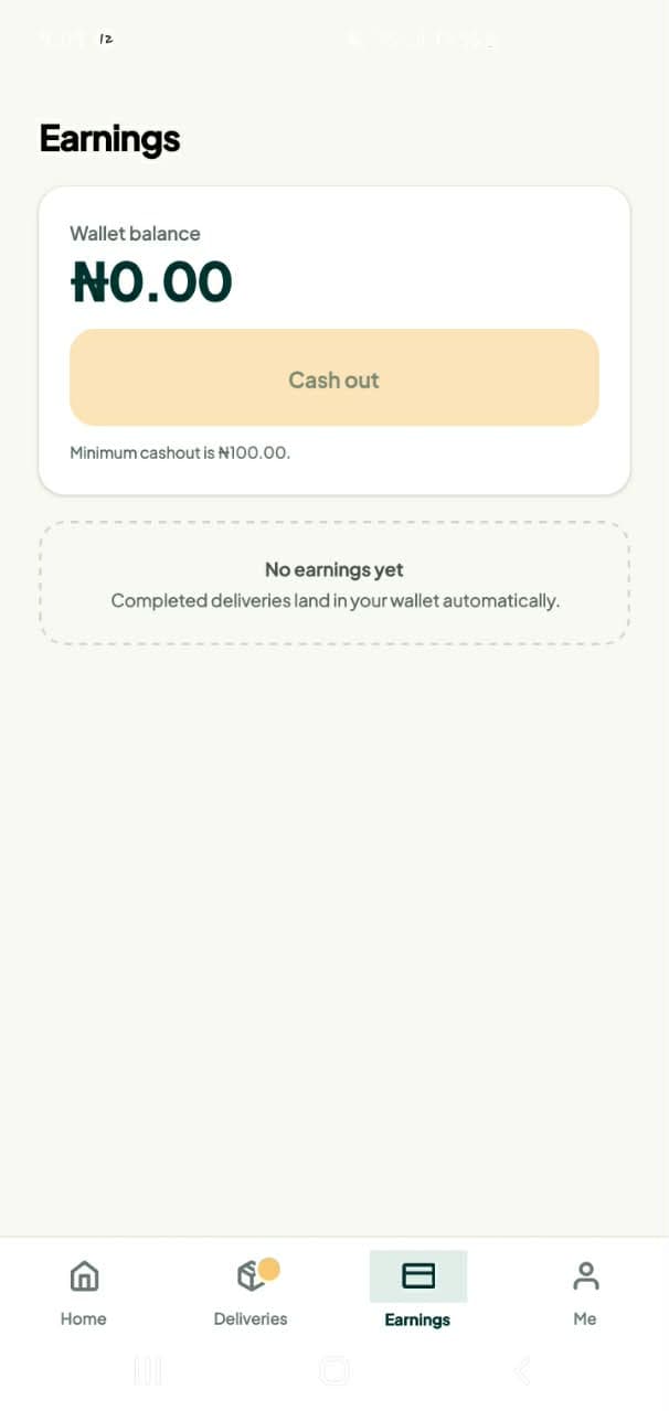 Twale driver app earnings screen with wallet balance and cash-out control.
