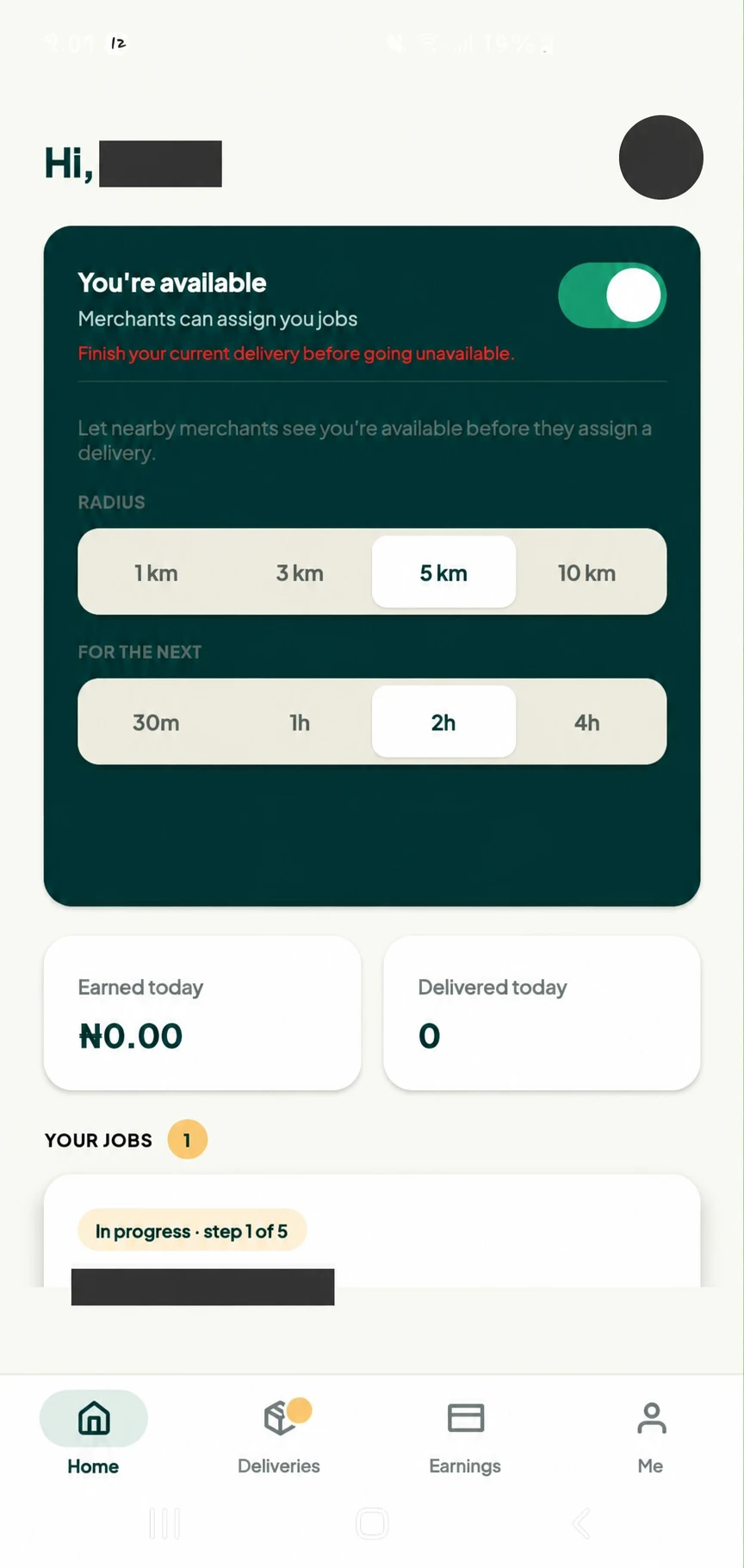 Twale driver app home screen with availability controls and delivery jobs.