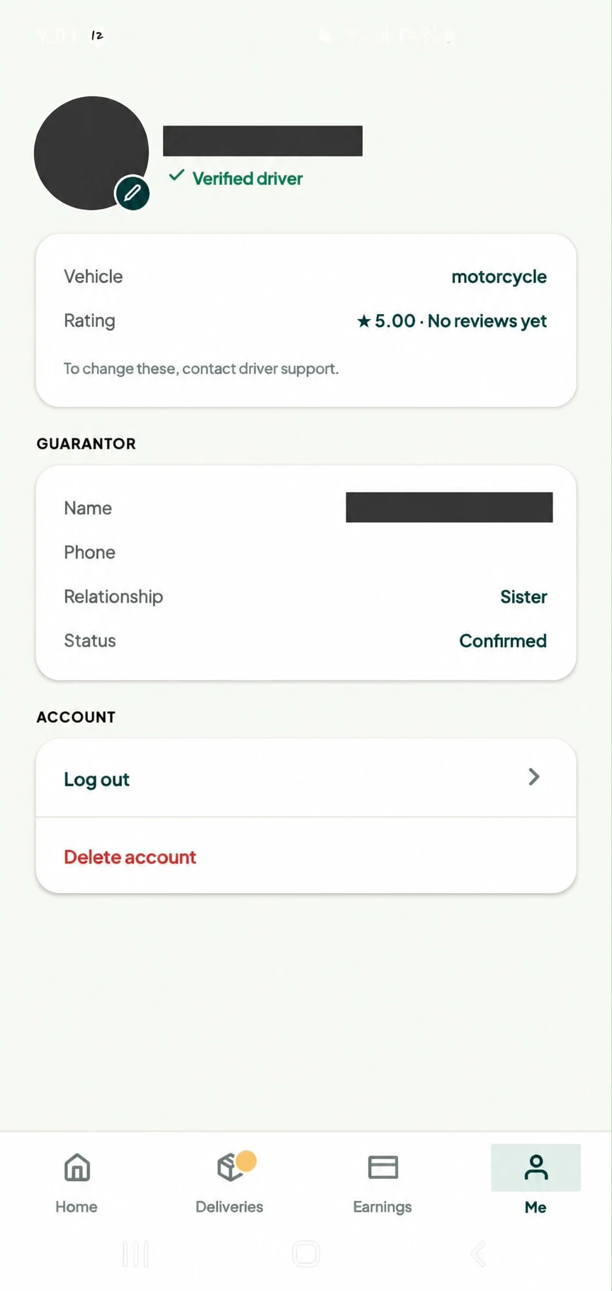 Twale driver app profile showing driver verification and vehicle information.