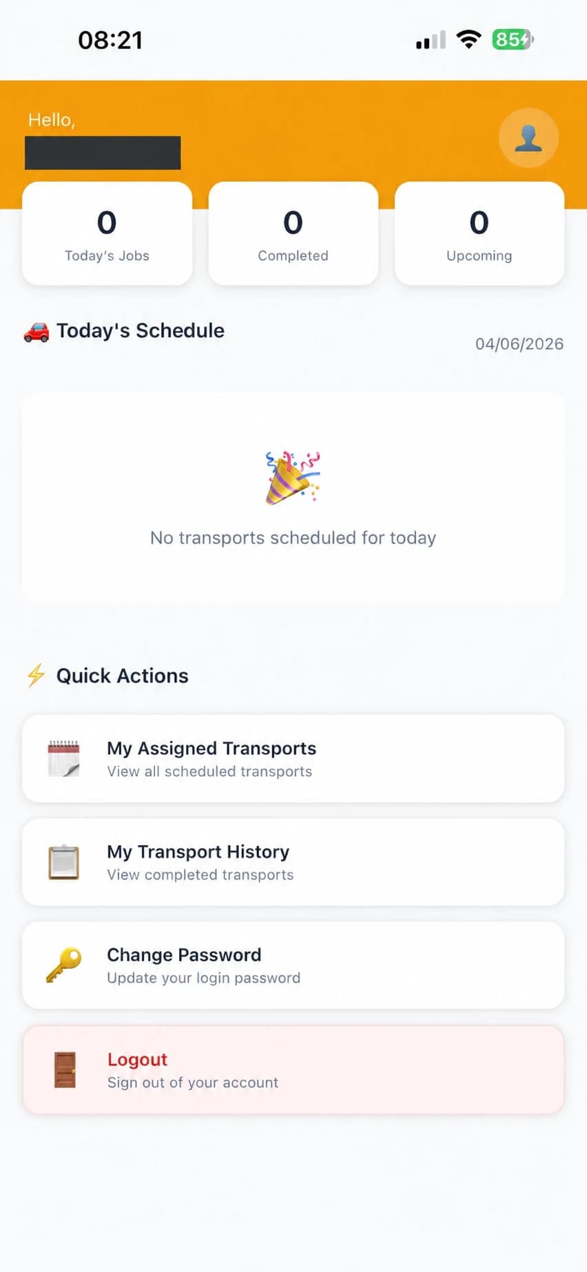 Albis Care mobile driver dashboard with transport schedule and the driver’s name redacted.