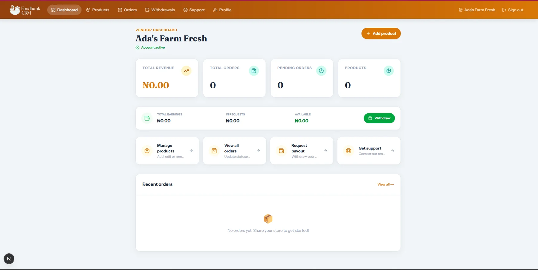 FoodBank CRM vendor dashboard showing revenue, earnings, and order summaries.