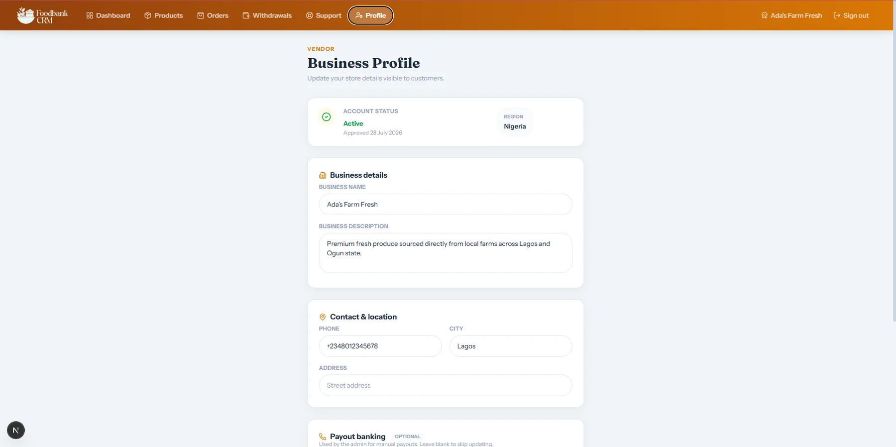 FoodBank CRM vendor business profile and contact settings.