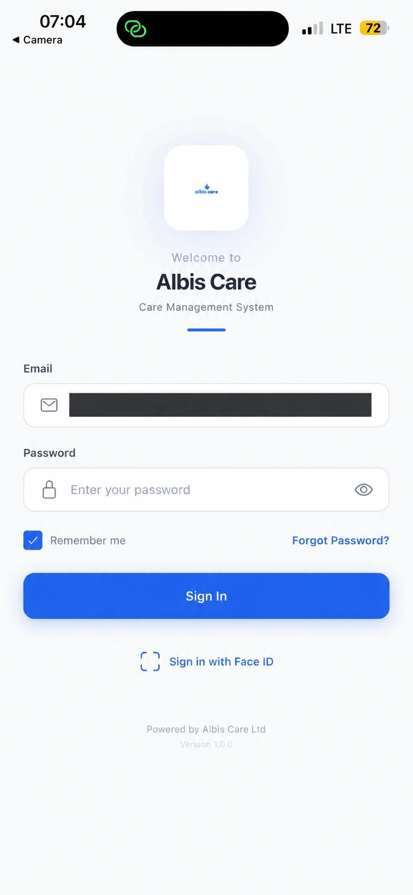 Albis Care mobile sign-in screen with the email address redacted.