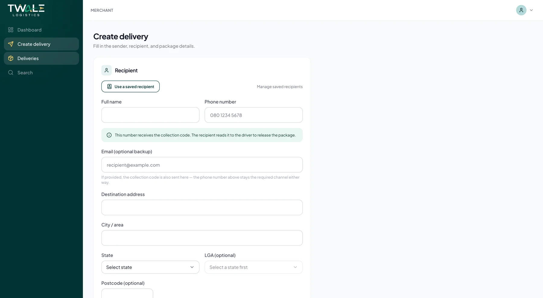 Twale merchant delivery form with recipient and destination fields.