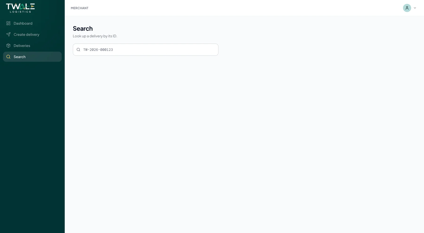 Twale merchant delivery search screen.