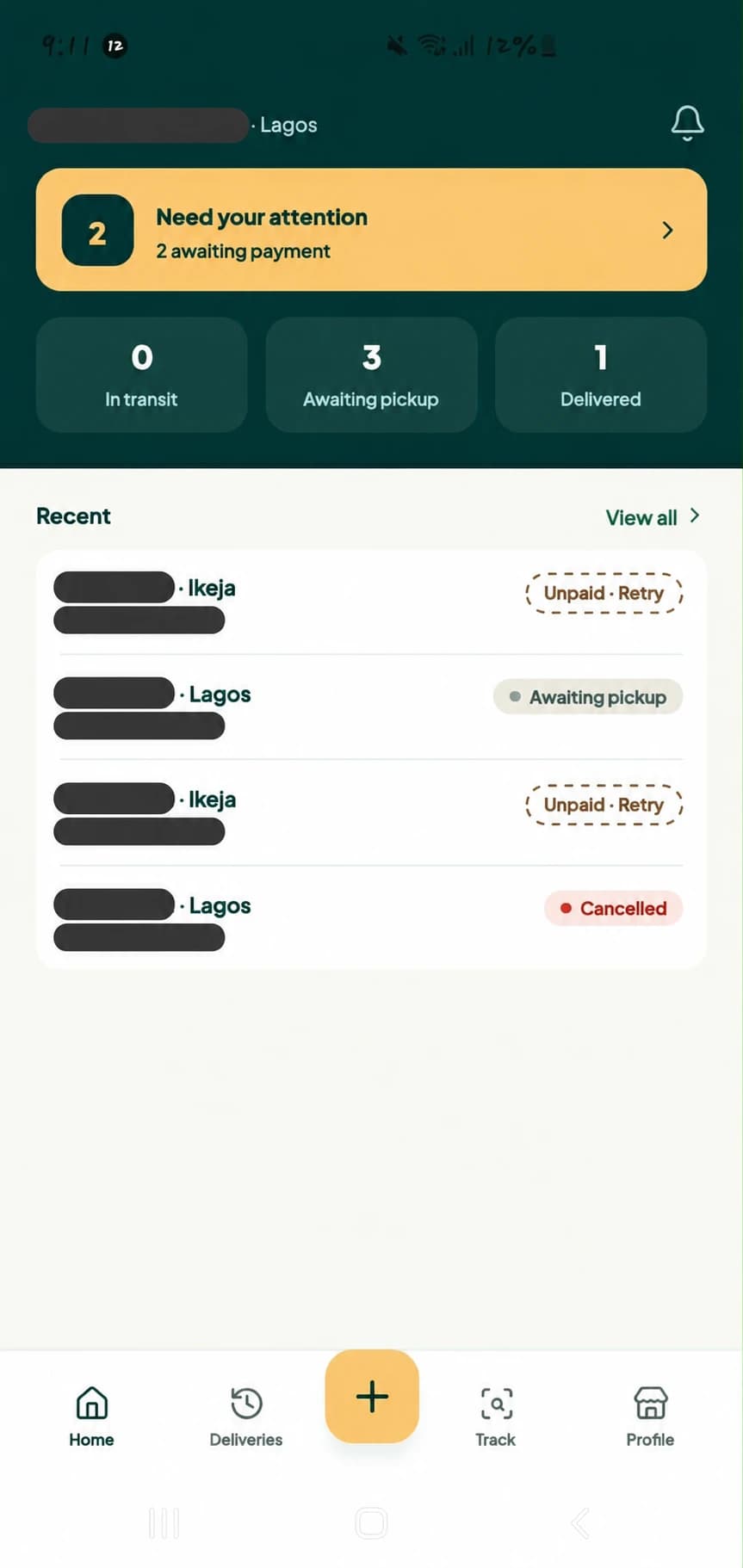 Twale user app home screen with delivery summaries and recent deliveries.